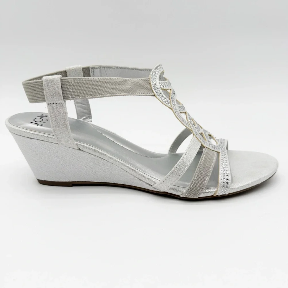 Jones New York Denice Strappy Bling Wedge Sandals Elastic Ankle Silver 7.5 NEW